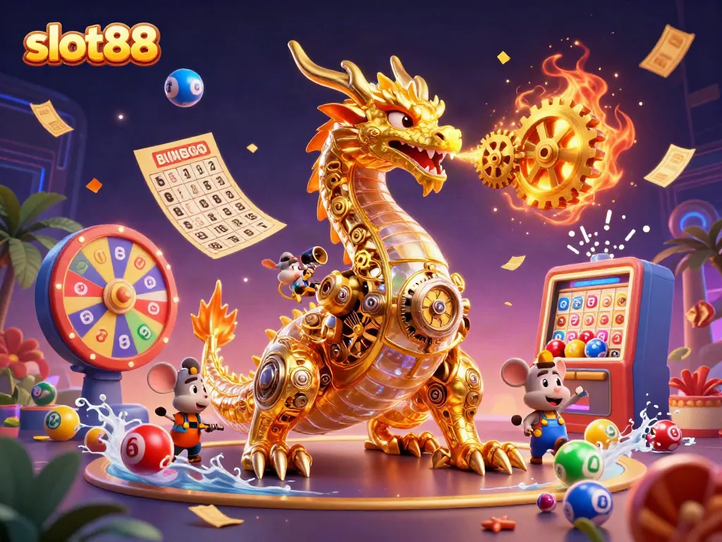 Experience the thrilling slot88 world with a golden dragon, vibrant lottery elements, and a gaming atmosphere.