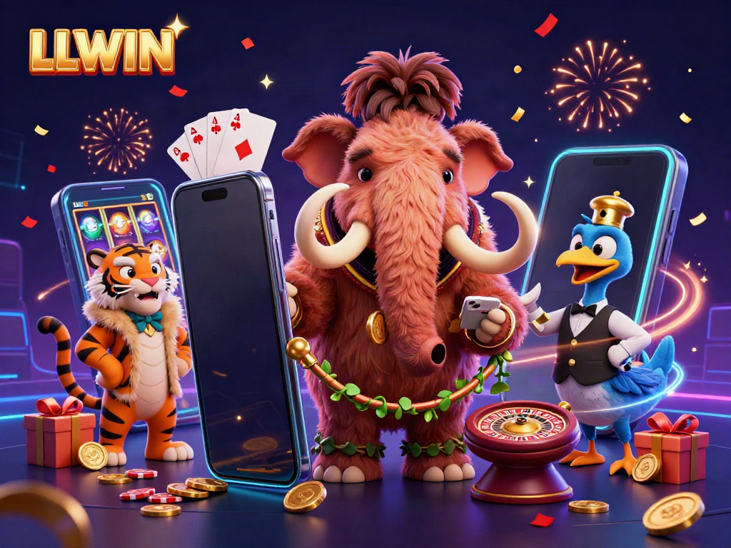 Experience LLWIN’s vibrant casino atmosphere with a lively scene featuring playful characters and gaming elements.