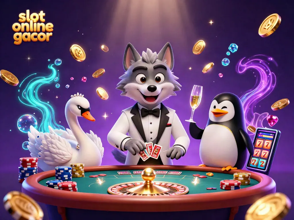 Experience big wins in slot online gacor with vibrant 3D illustration showcasing a cartoon wolf, swan dealer, and penguin sommelier.