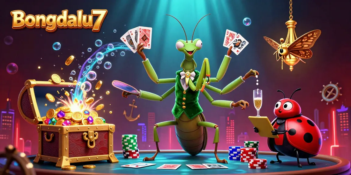 Bongdalu7 showcases a vibrant gambling scene featuring a giant praying mantis card sharp dealing cards and pouring champagne, surrounded by floating elements.