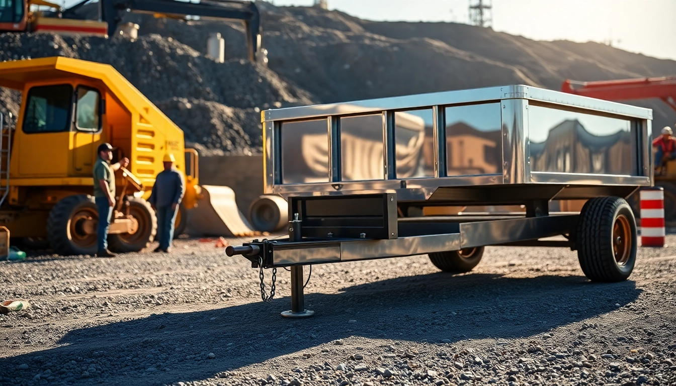 Efficient dump trailer in action at a construction site, showcasing its metallic features amidst busy work.