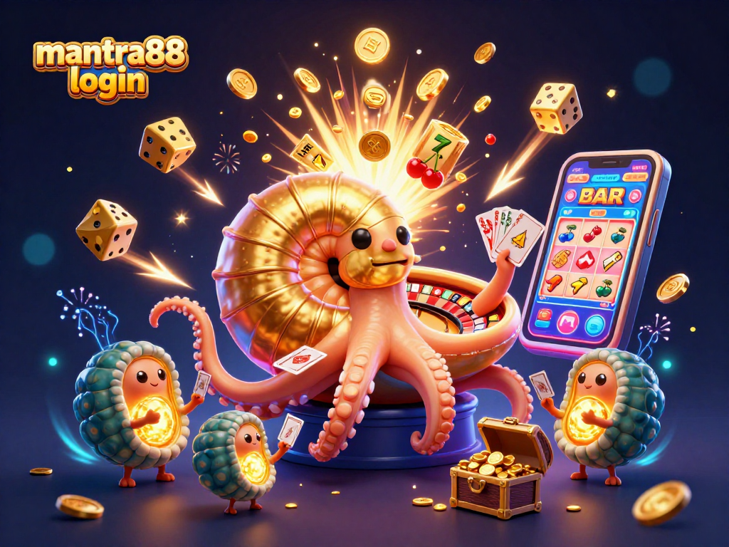 Experience excitement at mantra88 login with a vibrant 3D casino scene featuring a giant golden roulette nautilus and immersive game elements.