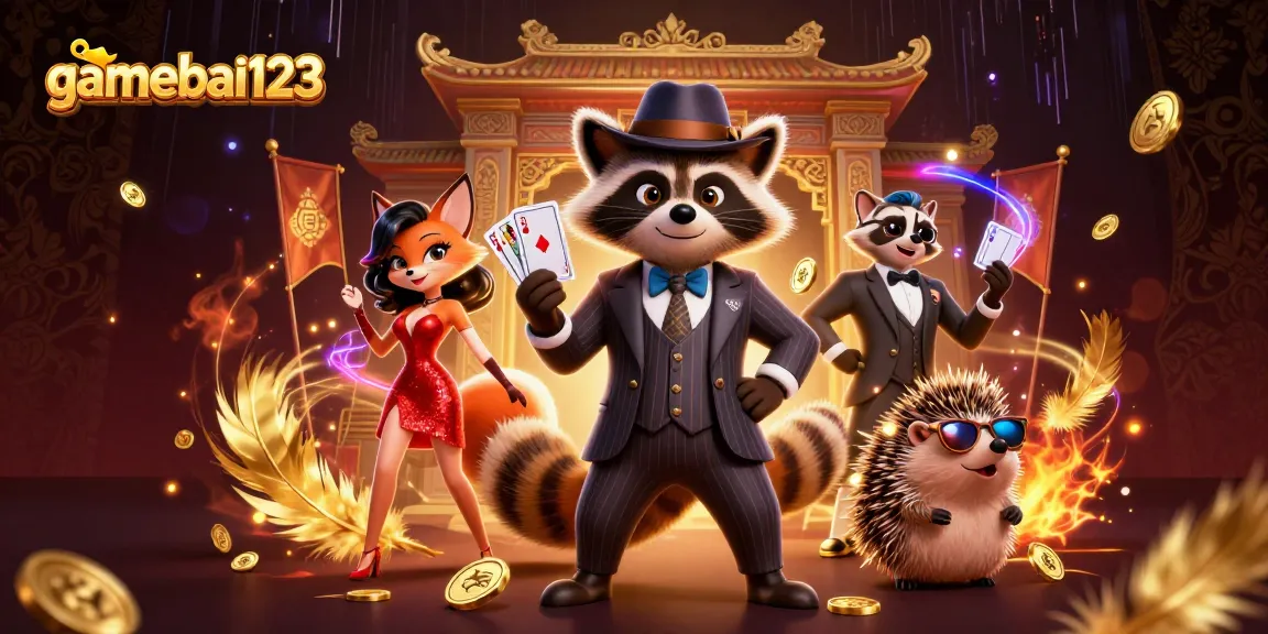 Join the gamebai123 adventure with a suave raccoon and a fox lady in dazzling casino action.