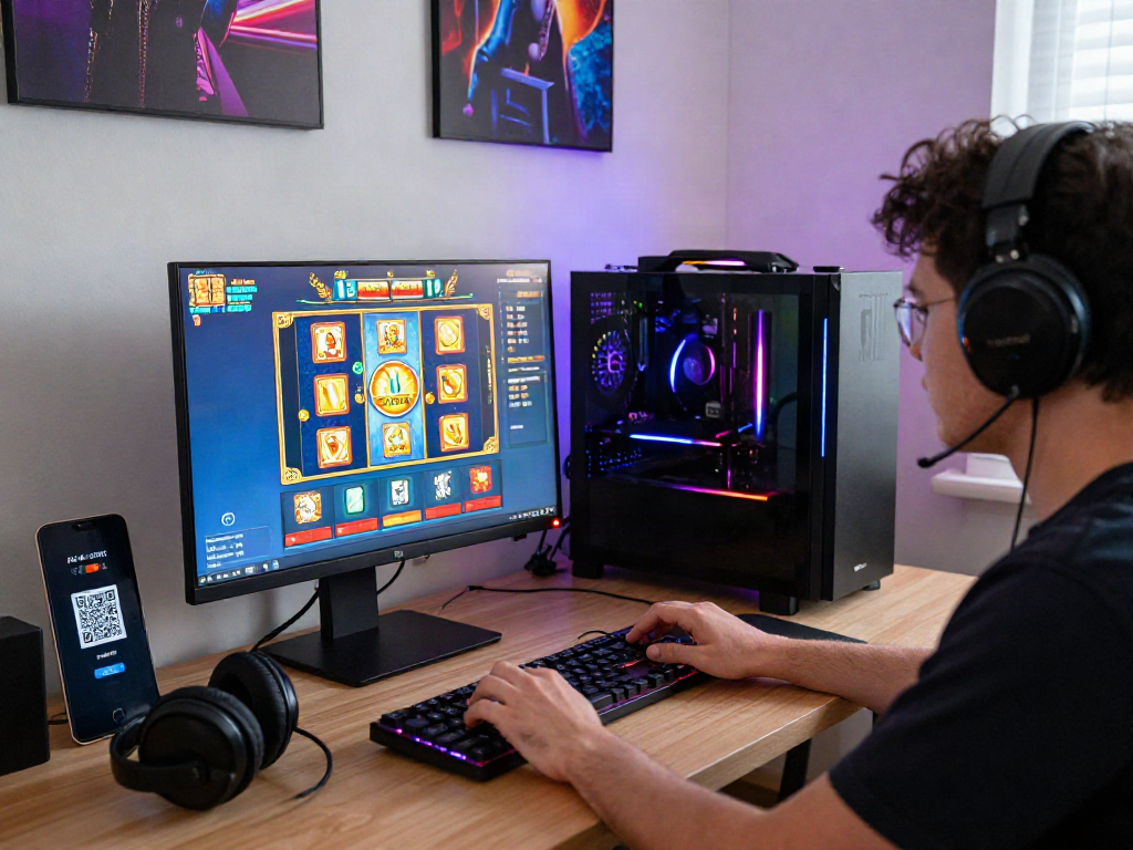 Engaged player enjoying slot gacor gaming experience on computer with vibrant graphics.