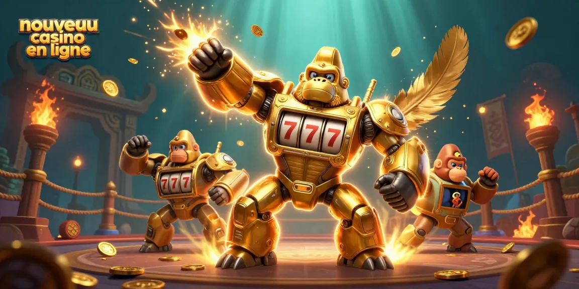 Action intense avec un nouveau casino en ligne mettant en scène un gorille mech et des pièces d'or.