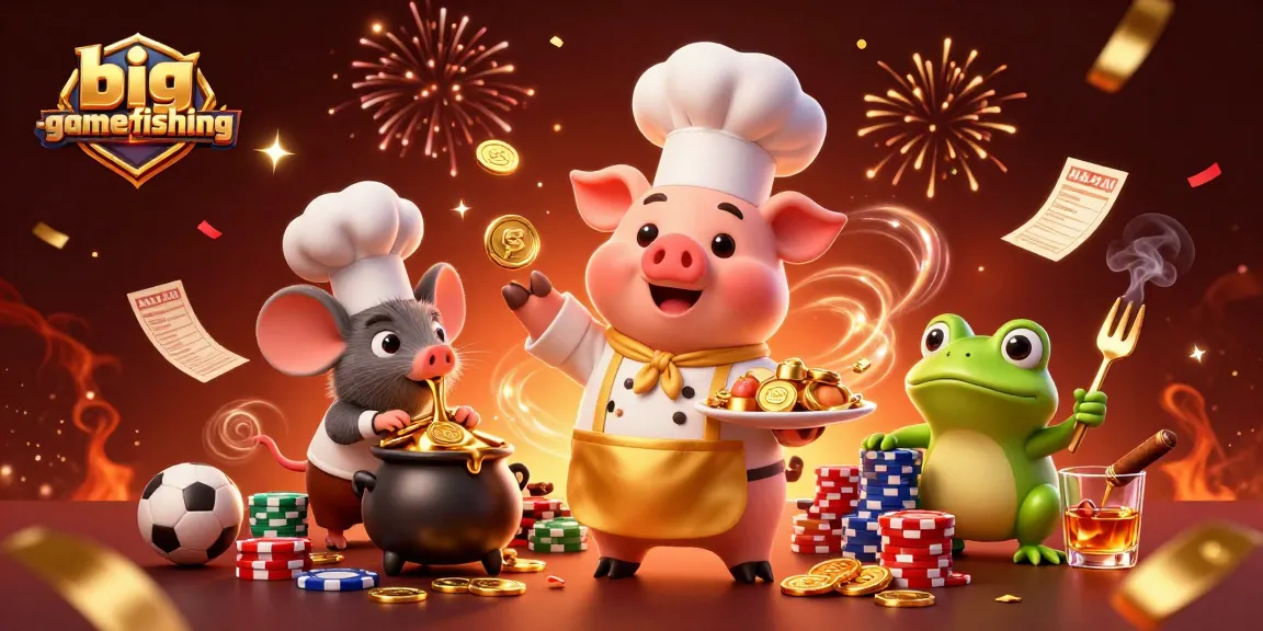 Engage in big-gamefishing excitement with a chef pig, gold coins, and sports betting action.
