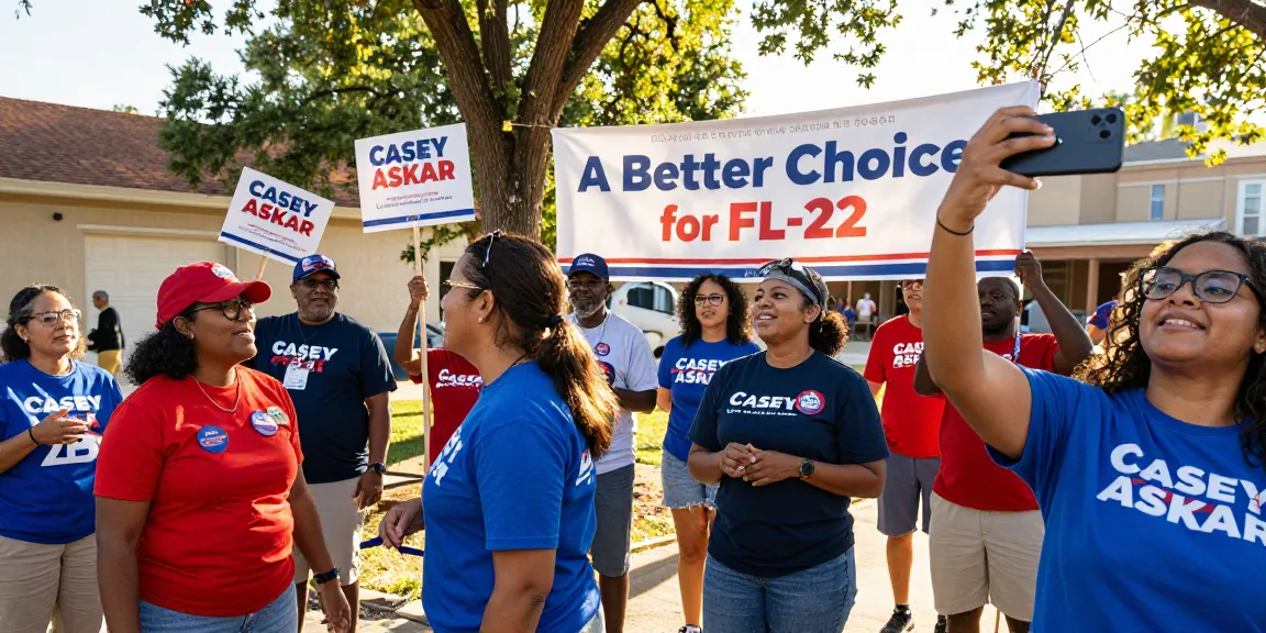 Supporters rallying for Casey Askar, showcasing community engagement and democratic values amidst signs and banners.
