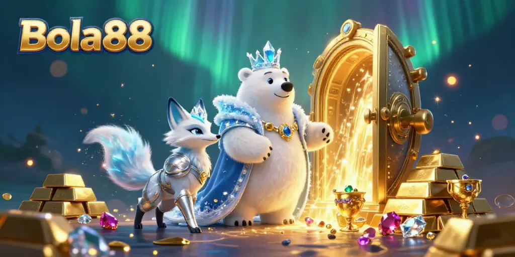 Bola88 enhances sports betting excitement with polar bear royalty amidst golden treasures and dazzling gems.