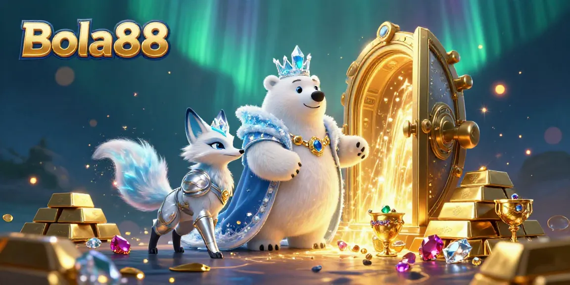 Bola88 enhances sports betting excitement with polar bear royalty amidst golden treasures and dazzling gems.