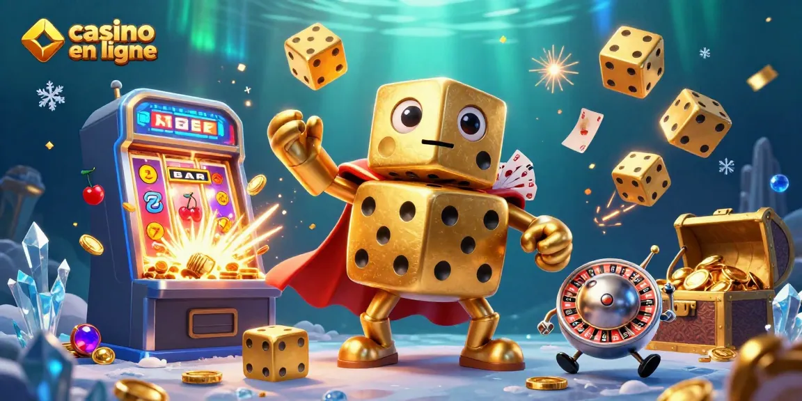 Jouer à casino en ligne avec des dés dorés animés et une machine à sous éclatante.