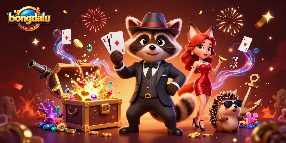Bet big with bongdalu as raccoon shuffles playing cards and gold coins rain down in casino fun.