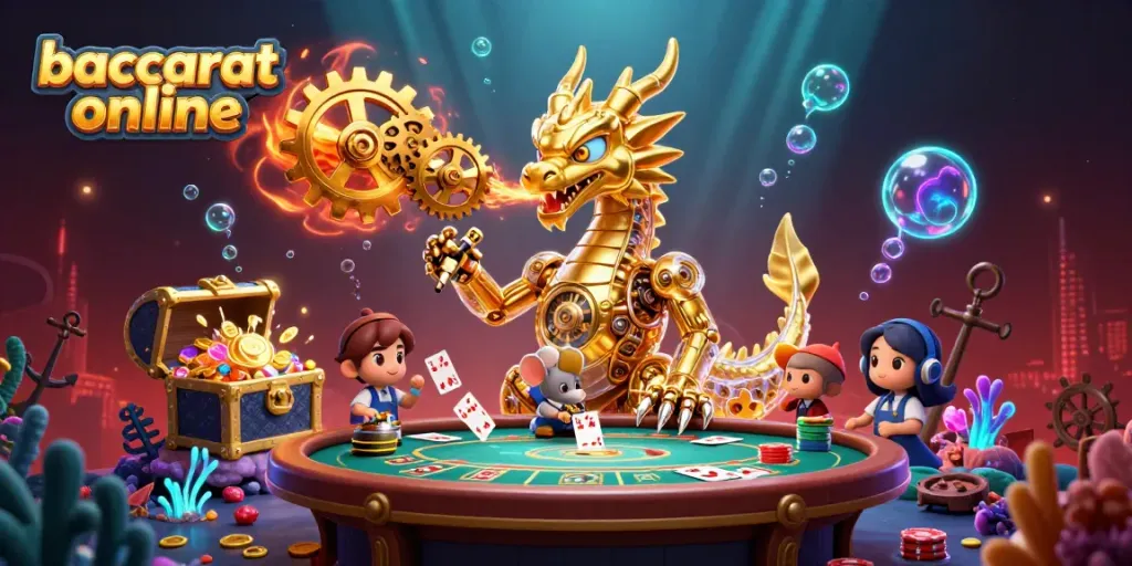 Experience baccarat online with this vivid illustration featuring a bioluminescent dragon and casino elements.