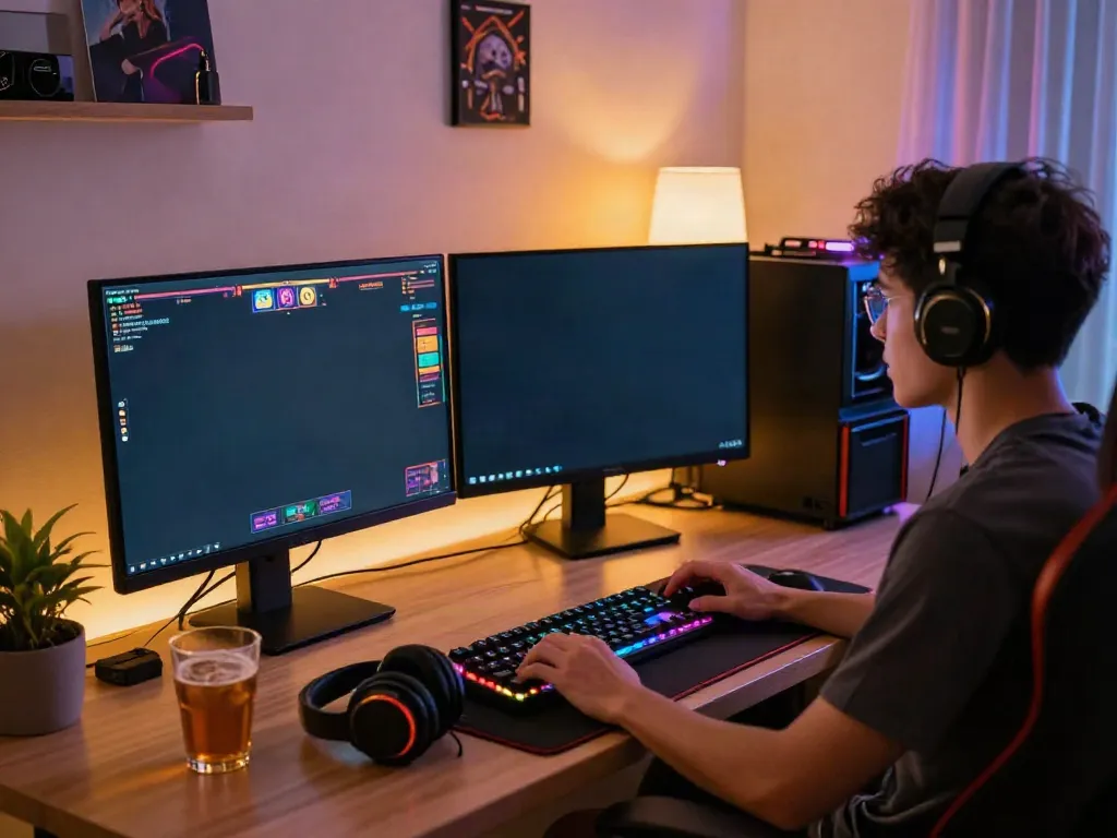 Immersive gaming setup with สล็อตเว็บตรง on a large screen surrounded by cozy home office elements.