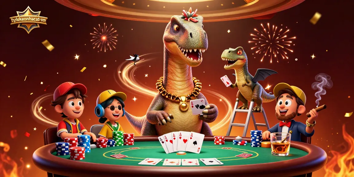 Engage in strategic poker gameplay at tylekeonhacai-vn featuring a giant dinosaur and dynamic card dealing.
