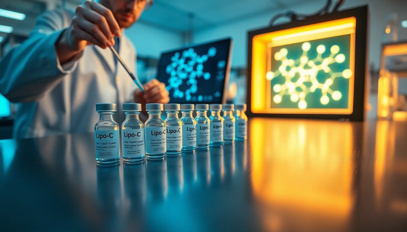 Buy Lipo-C peptide for sale, showcasing vials in a scientific lab setting for research purposes.