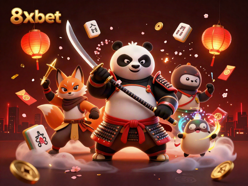 Engage with the vibrant energy of 8xbet illustrated through a samurai panda and fox amid casino elements.