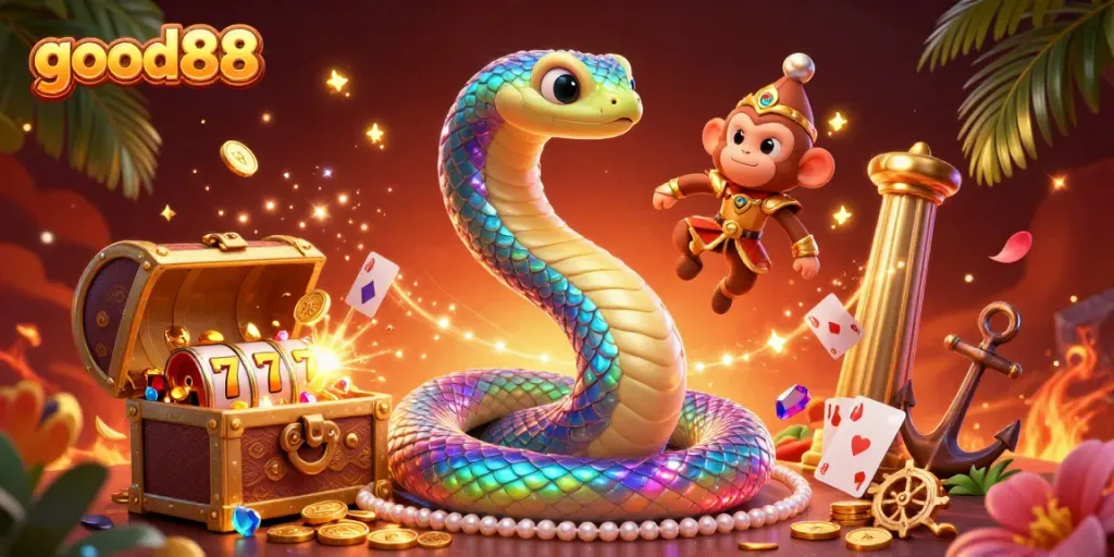Engage with good88 through a vibrant scene of gaming excitement featuring a rainbow serpent, treasure, and dynamic casino elements.