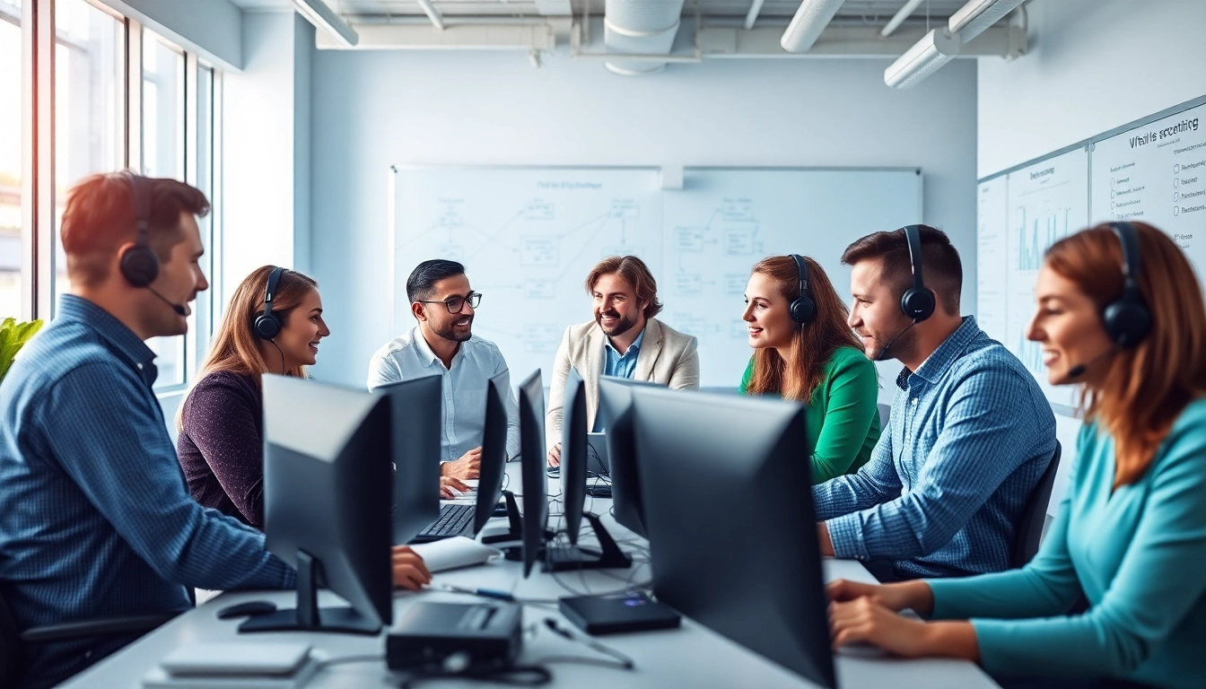 IT business support team collaborating in a vibrant office, showcasing teamwork.