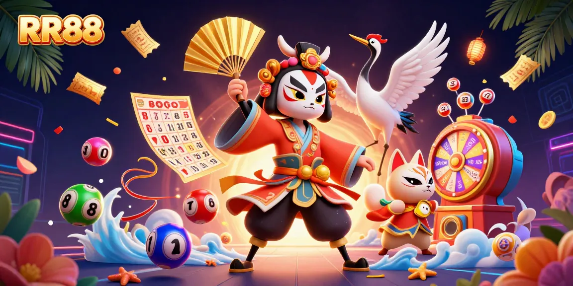 Engage in thrilling RR88 gaming with dynamic cartoon characters, lottery balls, and vibrant elements.