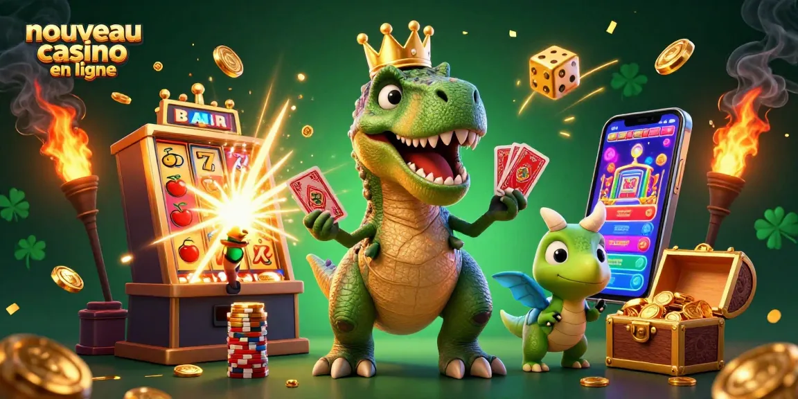 Illustration dynamique de nouveau casino en ligne avec un T-Rex, un ptérodactyle et un triceratops jouant aux cartes.