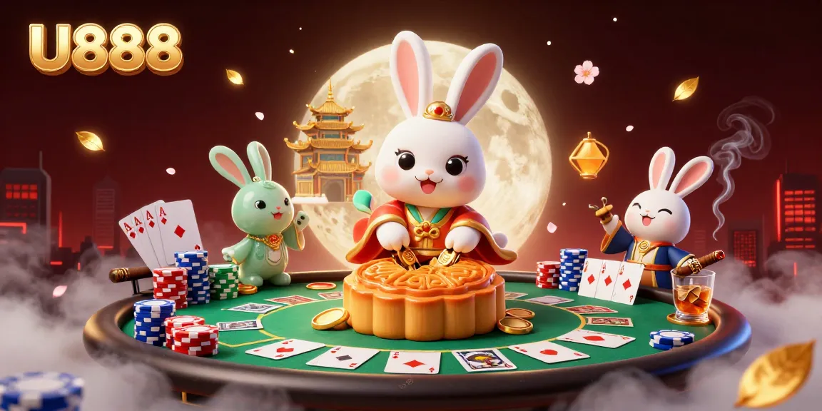 Engage in thrilling poker action with U888 featuring a moon rabbit unveiling poker chips