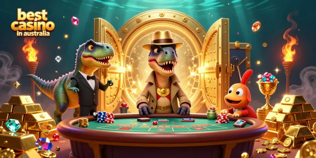 View of a velociraptor at a blackjack table representing the best casino in australia, surrounded by treasures.