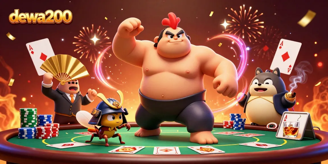 Kartu poker dengan tangan empat as di permainan dewa200 menarik perhatian sementara ayam sumo dan jangkrik bertarung dengan gaya dramatis.