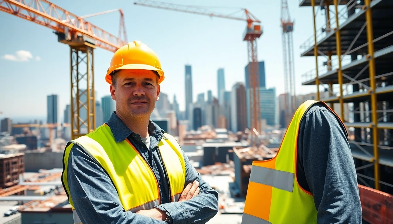 New York Construction Manager supervising a bustling construction site with urban skyline backdrop.