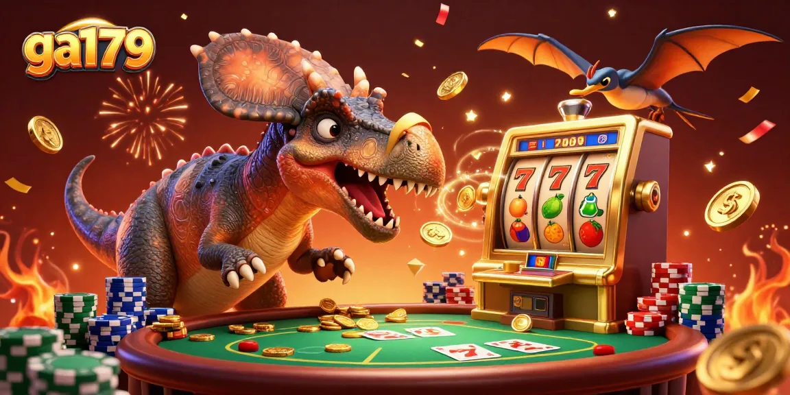ga179 celebrates a jackpot win with animated dinosaurs in a colorful casino scene filled with excitement.