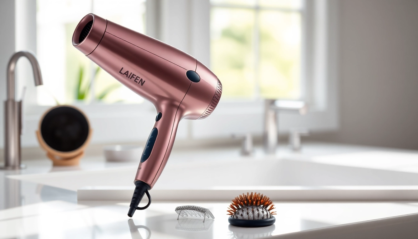 Laifen hair dryer showcasing stylish design and features on a vanity table.