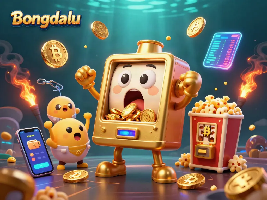 Bongdalu showcases winning moments with a golden slot machine, coins flying and cheering machines.