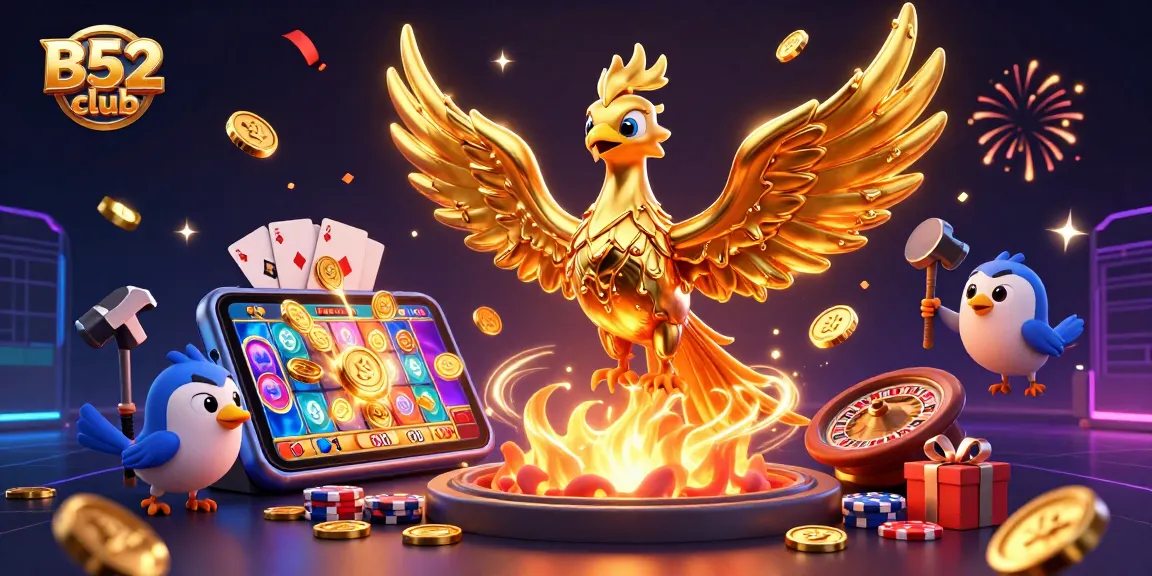 B52 club offers a vibrant gaming experience with golden coins and spinning slots creating excitement.