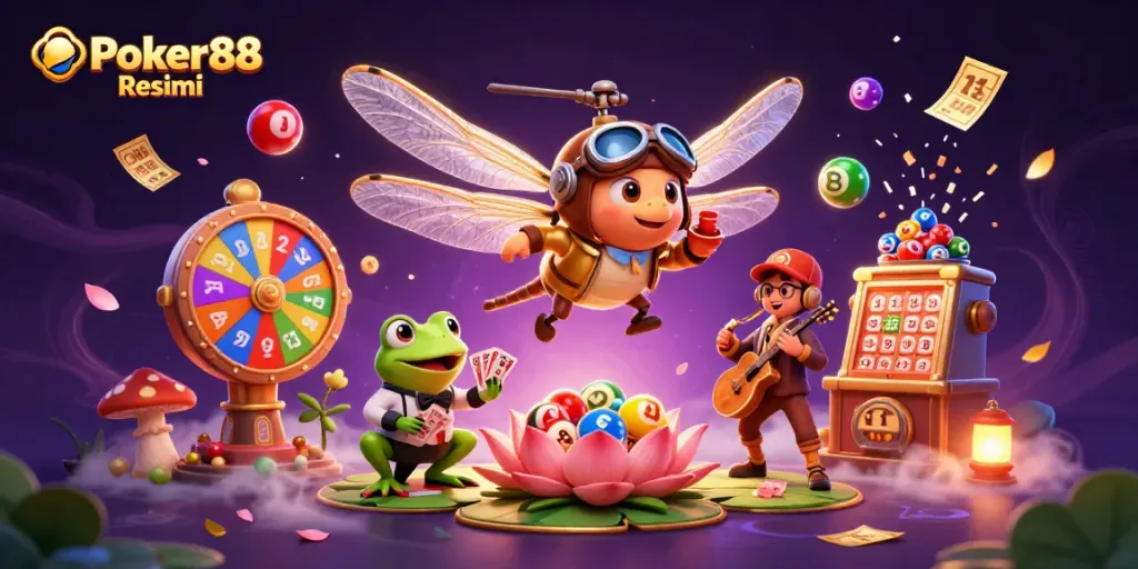 Experience the thrill of Poker88 Resmi with dynamic gambling elements and engaging characters in a vibrant 3D scene.