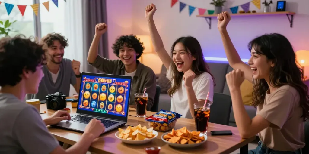 Excited players enjoying a slot gacor game together, celebrating wins in a cozy gaming environment.