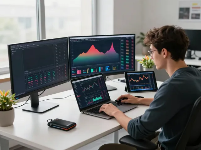 Low-latency forex API displayed on multiple screens in a modern cryptocurrency trading workspace.