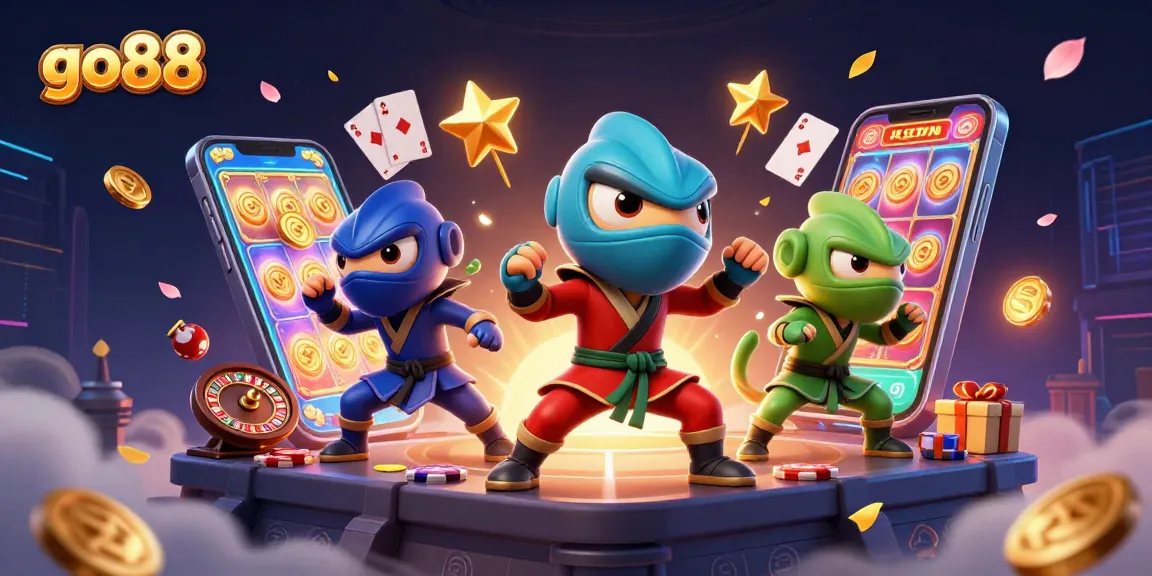 Experience thrilling go88 action with ninja chameleons in a vibrant casino-themed illustration.