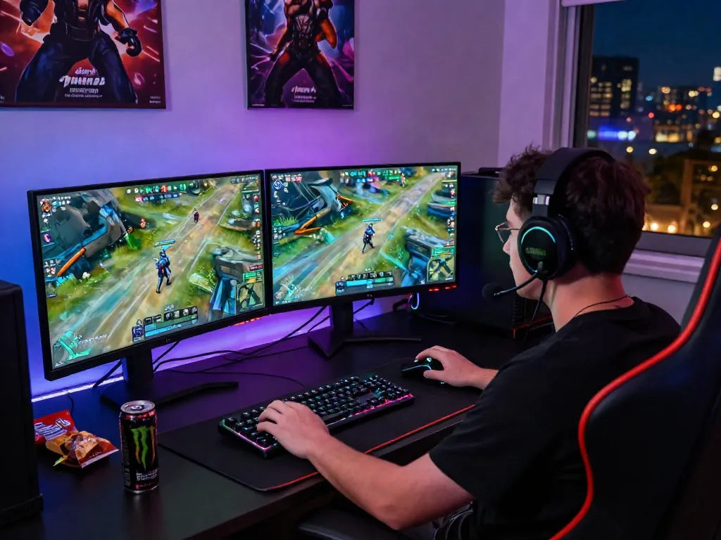 Gamer bermain diana4d di setup permainan dengan dua monitor menampilkan gameplay yang hidup dan aksen pencahayaan RGB.