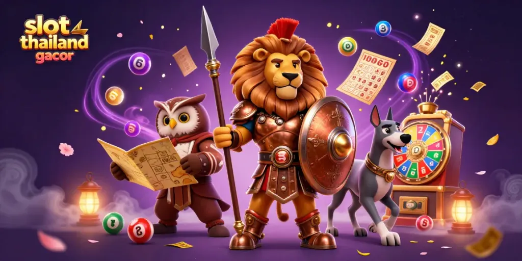 Engage with slot thailand gacor in an exciting scene featuring a lion, owl, and greyhound amidst vibrant gaming elements.