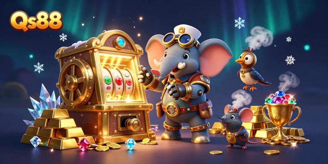 Experience the thrill of Qs88 with a steampunk elephant character operating a golden slot machine amidst treasure!