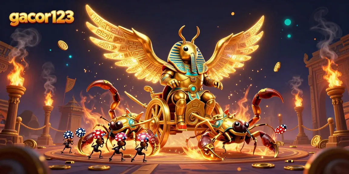Engage with gacor123's vibrant casino scene featuring a golden scarab beetle and scorpions.