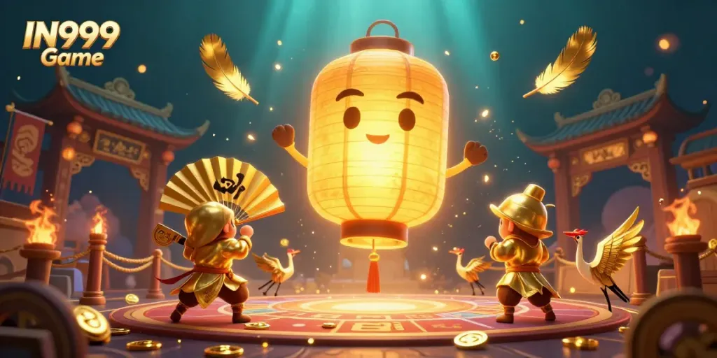 Engage with the IN999 Game, featuring a dynamic Asian casino scene full of colorful elements.