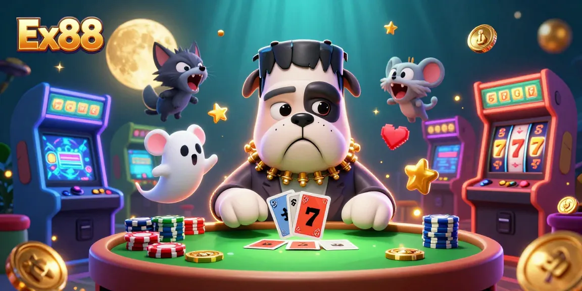 Ex88 casino fun with a 3D Frankenstein bulldog and unique gaming elements at a lively table