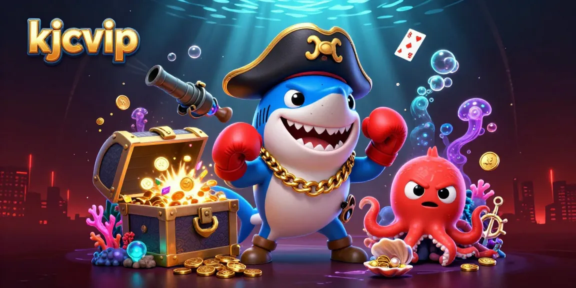 Engage with kjcvip's thrilling underwater casino adventure, featuring a pirate shark, angry pufferfish, and gold coins.
