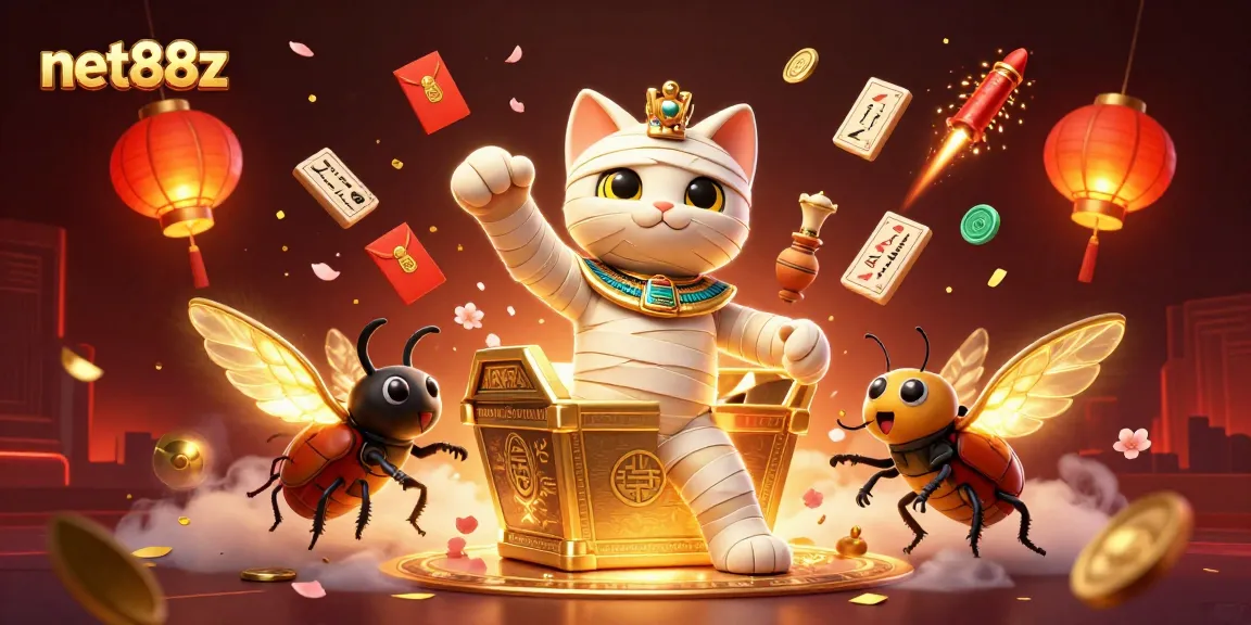 Experience the thrilling gameplay at net88z with vibrant 3D casino elements featuring a mummy cat and rich decorations.