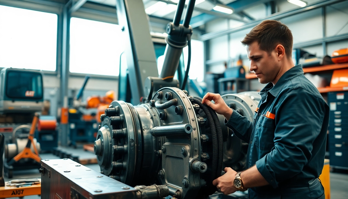 Technician performing equipment service on heavy machinery in a workshop setting.