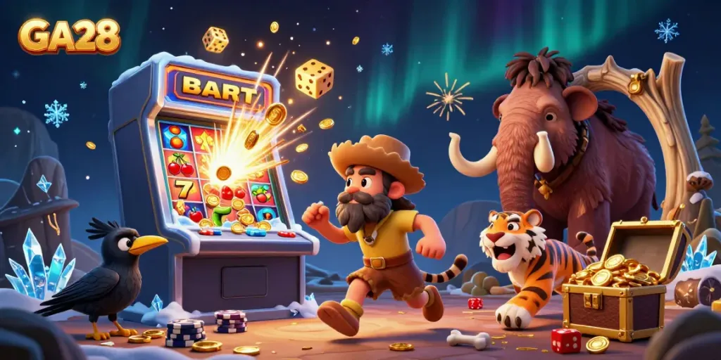 GA28 showcases a thrilling prehistoric casino scene with unique characters and exhilarating game elements.