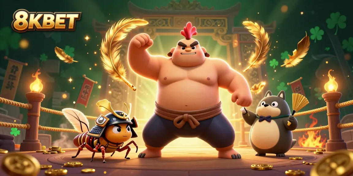 Get ready for excitement with 8KBET as a powerful sumo rooster stomps in a dazzling casino arena.