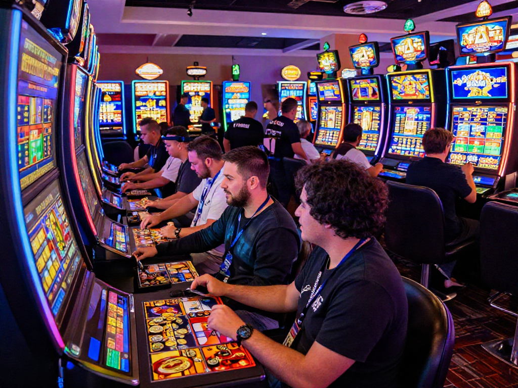 Exciting casino scene with players at slot depo 5k machines, showcasing vibrant lights and joyful atmosphere.