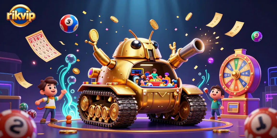 Engage with a vibrant rikvip casino scene featuring a golden beetle tank and dynamic gambling elements.