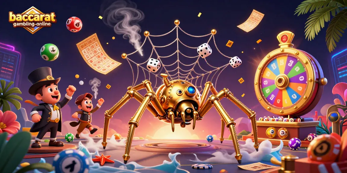 Engage with baccarat-gambling-online as a steampunk spider ensnares dice amidst a vibrant casino backdrop.